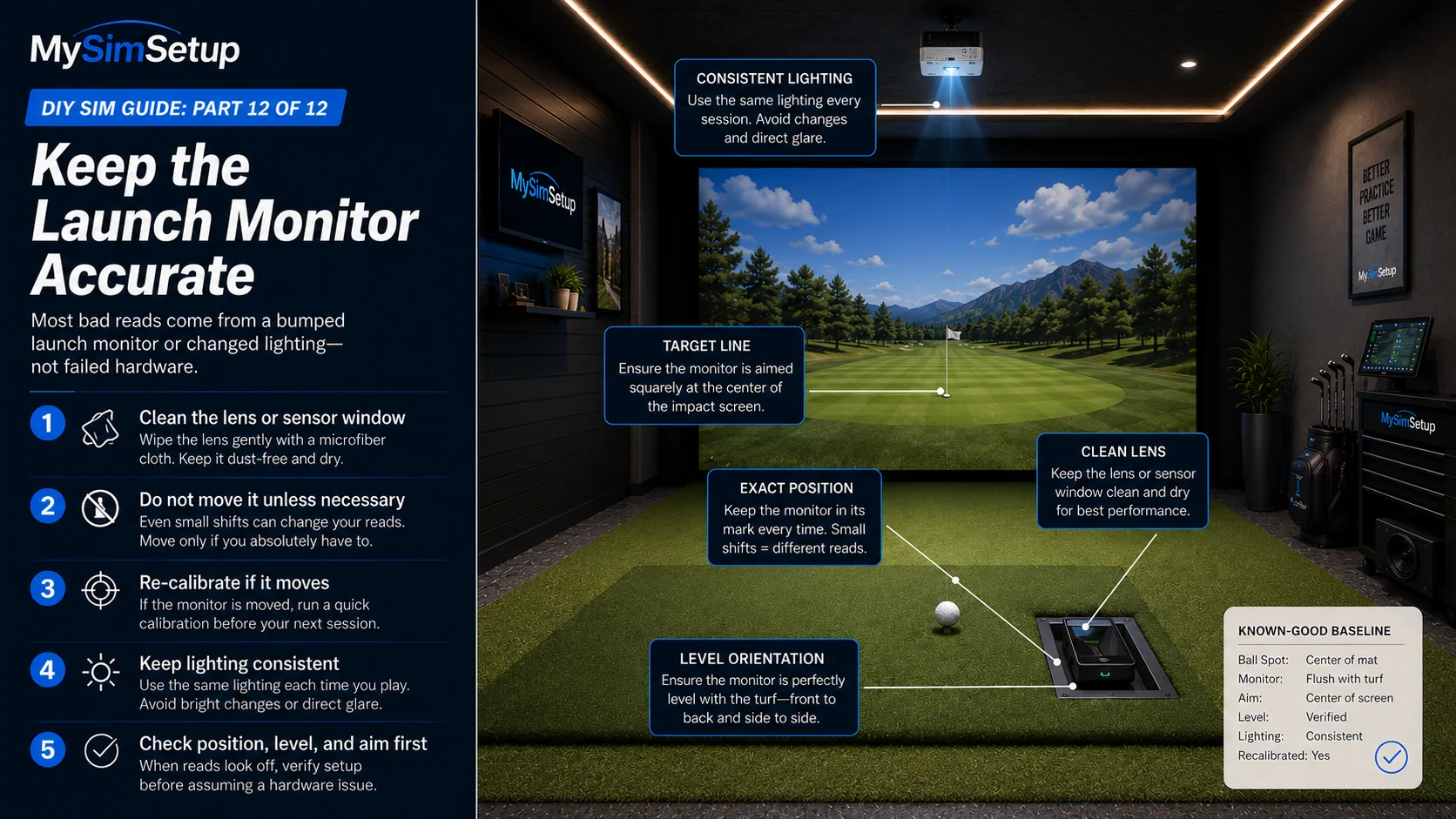 Launch monitor accuracy diagram: clean the lens, do not move the unit, re-calibrate if it moves, keep lighting consistent, and check position, level, and aim first, with a known-good baseline card.