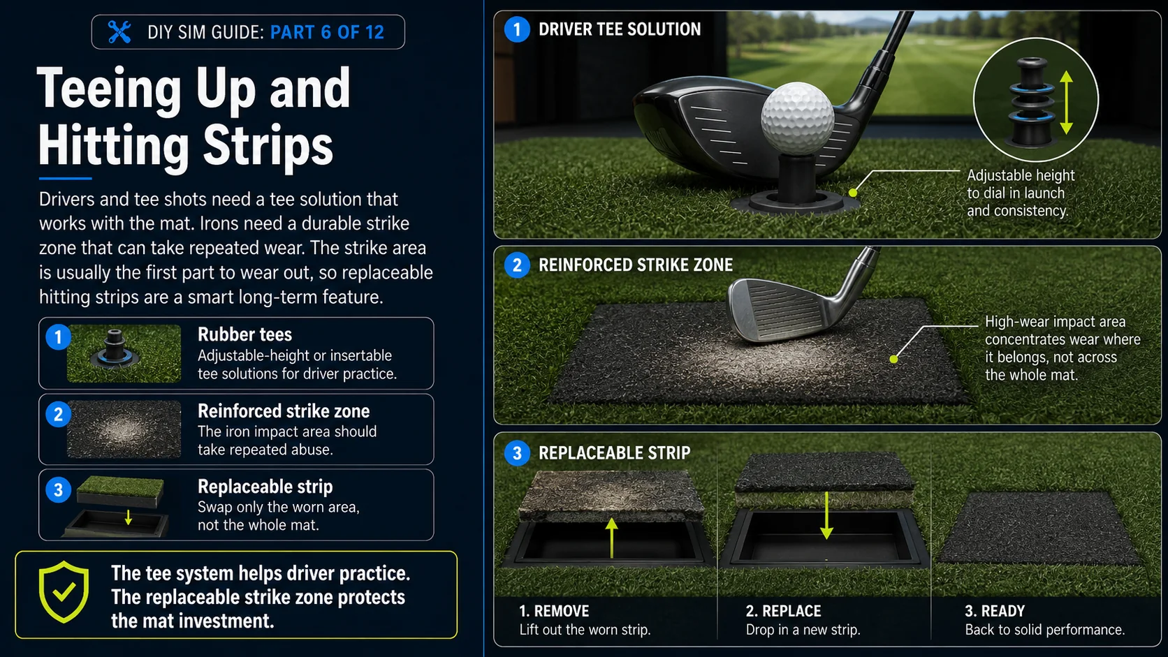 Three parts of a hitting surface: an adjustable-height rubber driver tee, a reinforced strike zone that concentrates iron wear, and a replaceable strip shown being lifted out, dropped in, and back to solid performance.