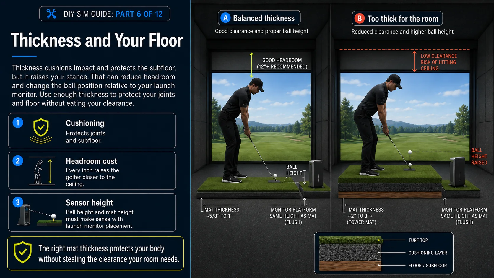 Balanced mat thickness giving good ceiling clearance and proper ball height, next to a too-thick tower mat that reduces clearance and raises ball height, plus a cross-section showing turf top, cushioning layer, and floor.