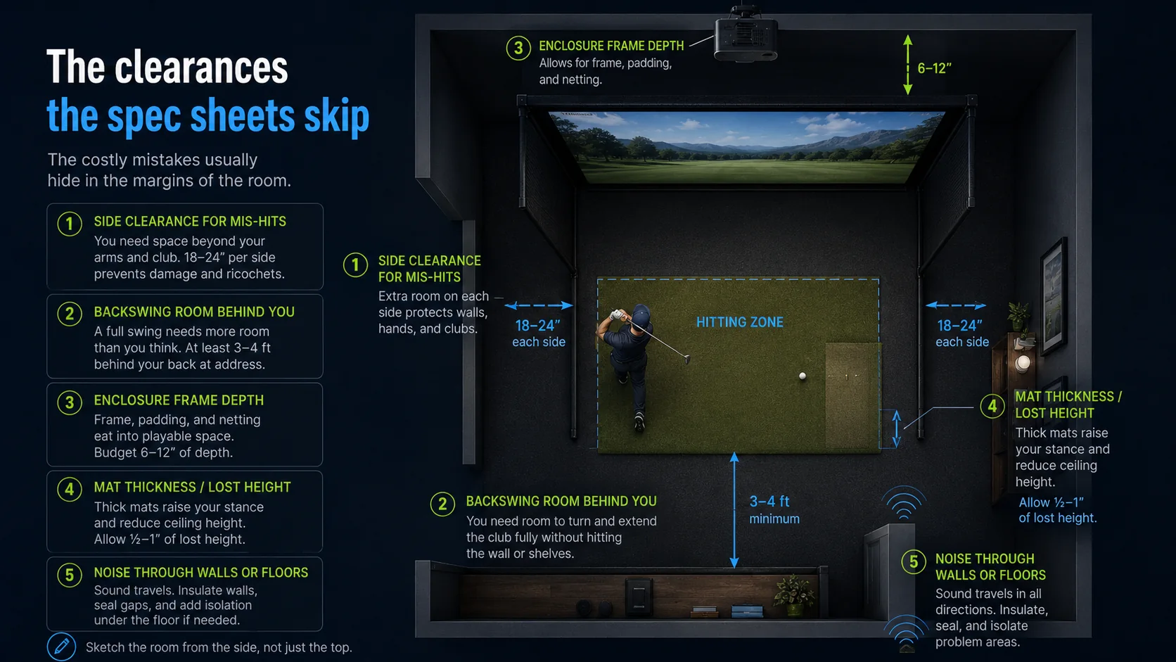 The five clearances spec sheets skip: side clearance for mis-hits, backswing room, enclosure frame depth, mat thickness, and noise through walls or floors.